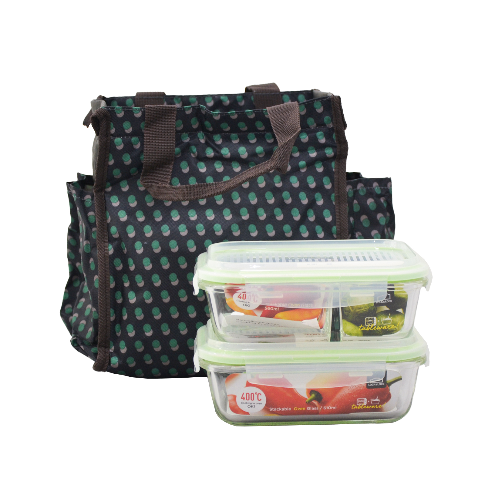 LLG990 + LLG990CSTACKABLE GLASS CONTAINER + LUNCH BAG(W/2-SIDED POCKET) + HANG TAG