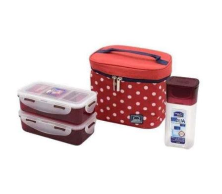 HPL758S3DR-LUNCH BOX 3P SET W/DOTTED PATTERN BAG (RED)