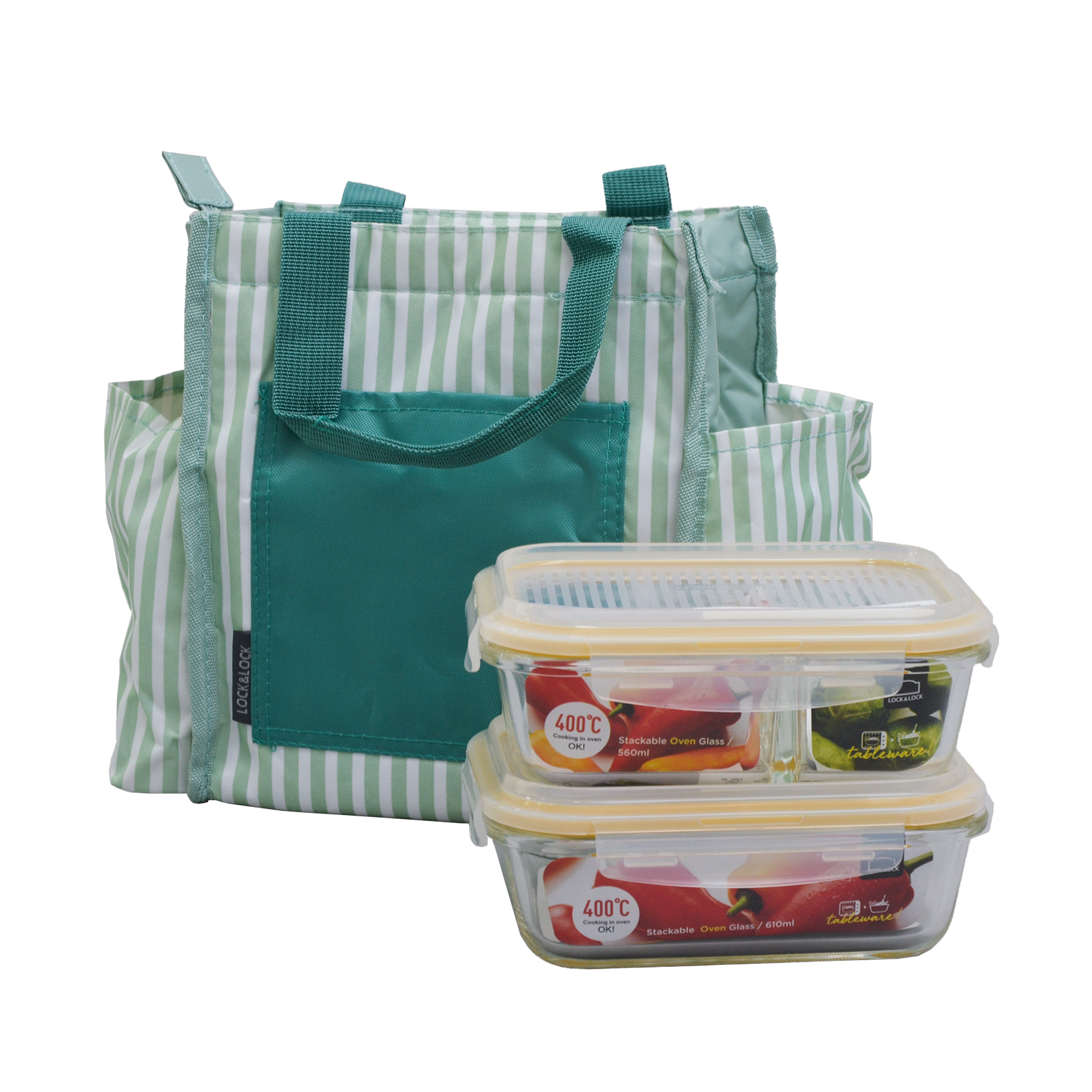 LLG990 + LLG990CSTACKABLE GLASS CONTAINER + LUNCH BAG(W/2-SIDED POCKET) + HANG TAG